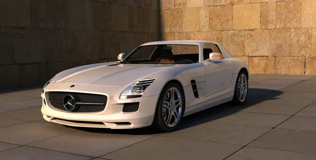 mercedes-benz sls amg blanc gris brillant présenté de profil sur plateforme béton