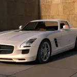 mercedes-benz sls amg blanc gris brillant présenté de profil sur plateforme béton