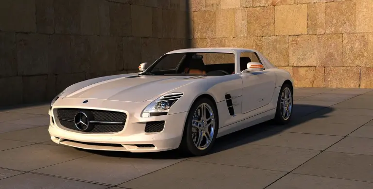 mercedes-benz sls amg blanc gris brillant présenté de profil sur plateforme béton
