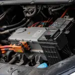 Electric car engine with visible wiring and battery components